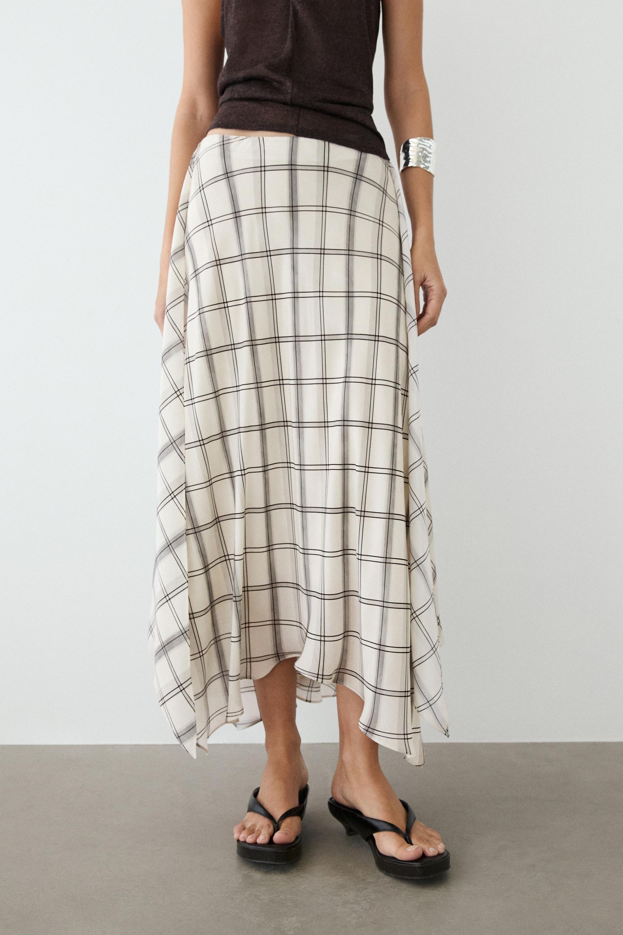Asymmetric midi skirt with check detail
